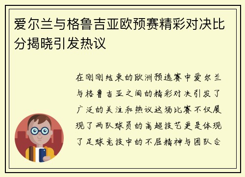 爱尔兰与格鲁吉亚欧预赛精彩对决比分揭晓引发热议